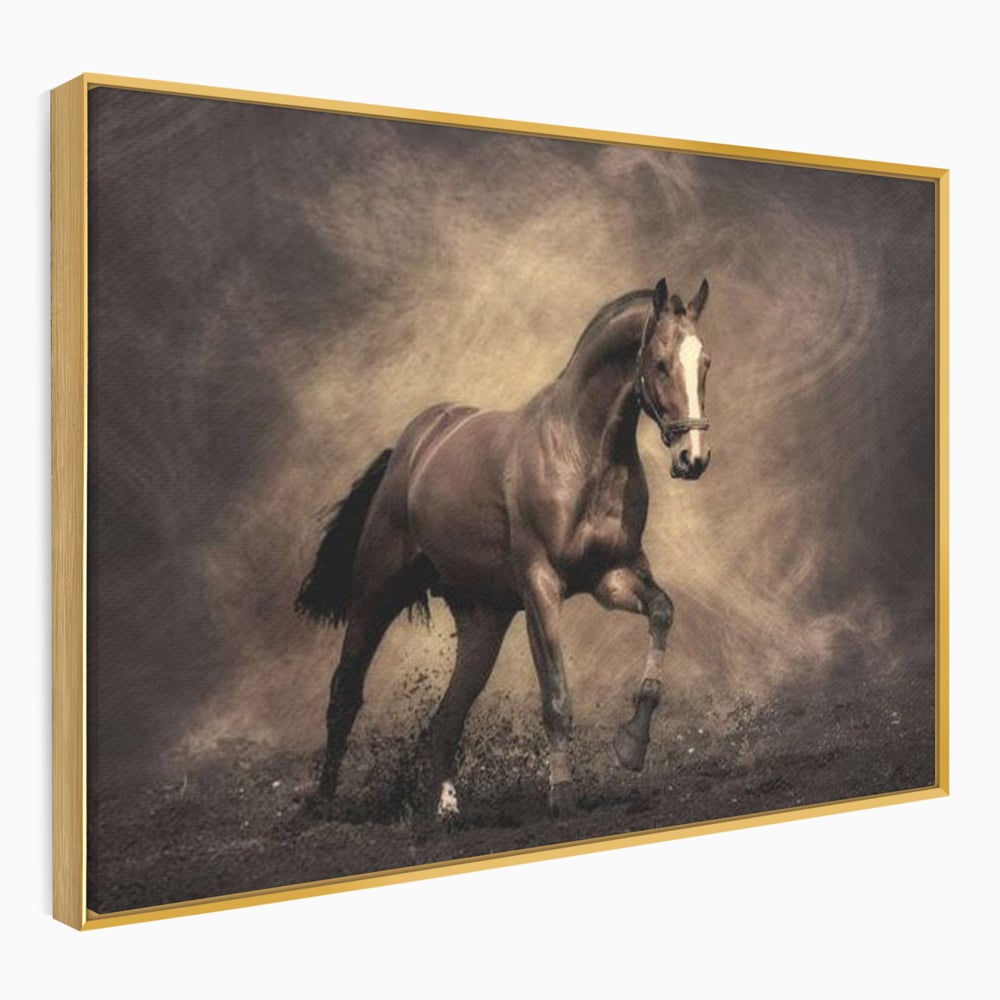 Tablou canvas cu tablou canvas cu cal maro in galop, in rama de aluminiu auriu